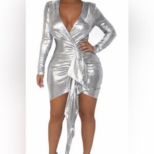 Sexy Metallic Silver Deep V Wrap Dress | Long Sleeve Bodycon | M L XL